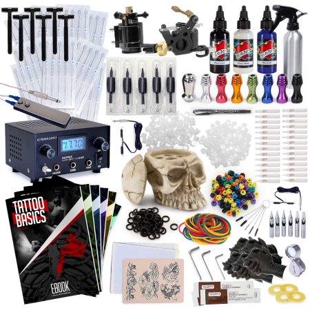 Rehab Ink Kit profesional del tatuaje w / 3 colores de tinta, soporte de tinta cráneo, 2 armas, fuente de alimentación y Más