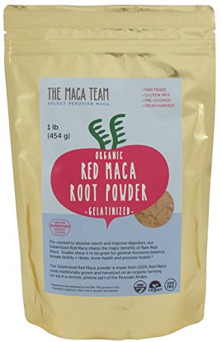 Gelatinizada en polvo de raíz de Maca roja - certificada orgánica, comercio justo, cosecha OGM, fresca del Perú, vegana libre de Gluten y precocido 1 Lb - 50 porciones