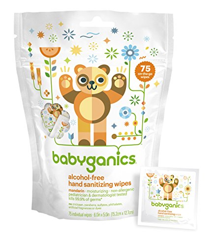 Babyganics sin Alcohol, desinfectante toallitas, mandarín, 75 paquetes individuales, de la mano (Pack de 2, 150 Total toallitas)