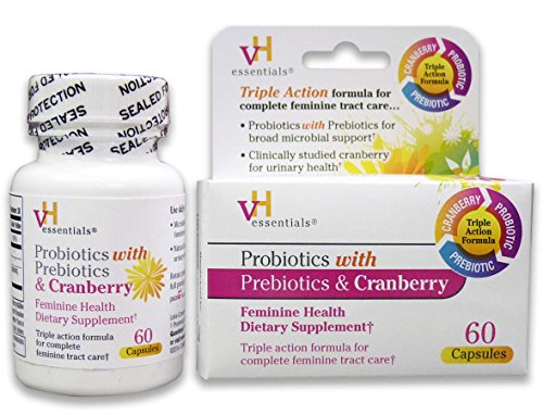 vH essentials probióticos con prebióticos y suplemento de salud femenino de arándano, cuenta 60
