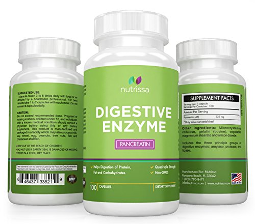 Nutrissa® enzimas digestivas - pancreatina 4 X - contiene lipasa, proteasa y amilasa - mejora digestiva salud y reduce Gas, hinchazón y la indigestión - 100 cápsulas