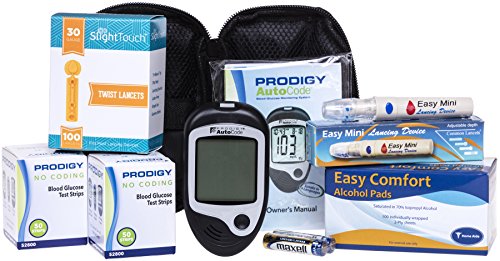Diabetes de Prodigy pruebas Kit - Prodigy Autocode metro 100 tiras de prueba Prodigy, 100 lancetas, 100 pastillas de Alcohol, 1 dispositivo de punción