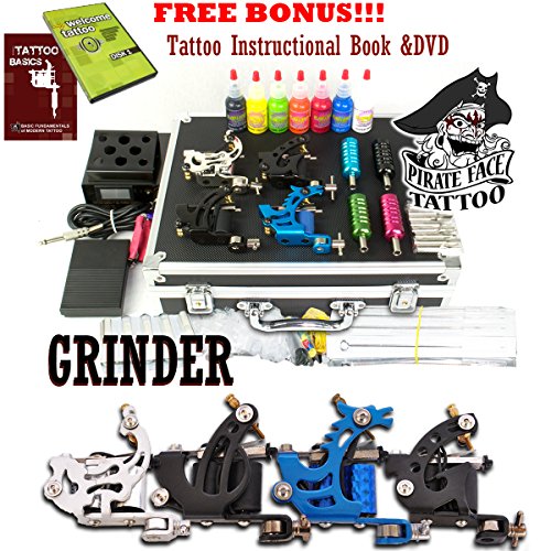 MOLINO completo tatuaje Kit de tatuaje de cara de pirata / 4 tatuaje de ametralladoras - fuente de alimentación 7 tinta de colores radiantes - Made in USA / LCD fuente de alimentación / 50 agujas / PLUS accesorios