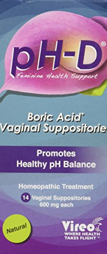 pH-D apoyo a la salud femenina, supositorios vaginales de ácido bórico, botella de 14 (600mg)