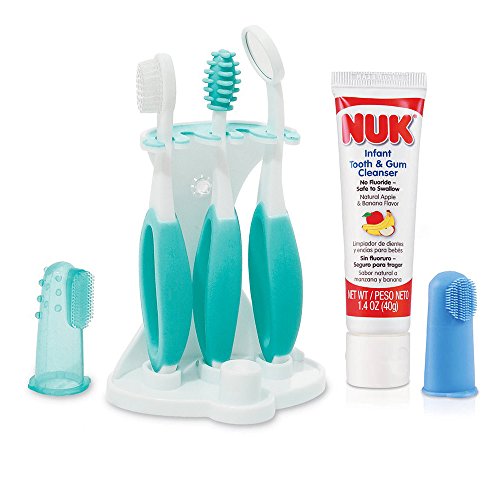Conjunto de verano niño Kit de Cuidado Oral, turquesa/blanco con diente infantil y limpiador de goma y cepillo de dientes dedo