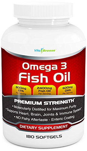 Suplemento de aceite de Omega 3 pescado (180 cápsulas) - 2400mg aceite de pescado Triple fuerza con 800mg 600mg de EPA &amp; DHA-ácidos grasos Omega 3 por porción - con revestimiento entérico - molecularmente destilado el aceite de pescado procedente de p