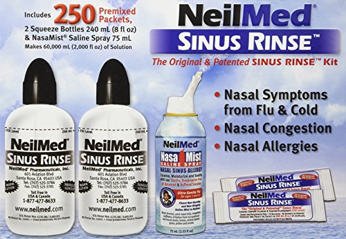 NeilMed Sinus Rinse - 2 botellas - 250 paquetes premezclados y aerosol de solución salina NasaMist, Kit de