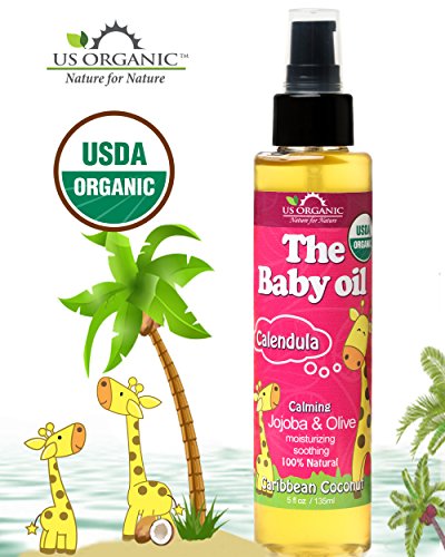 El aceite de bebé orgánico - con caléndula, coco Caribe suave, certificado orgánico por la USDA, Jojoba y aceite de oliva con vitamina e. Sin Alcohol, Paraben, detergentes artificiales, colores, perfumes sintéticos, 5 fl oz