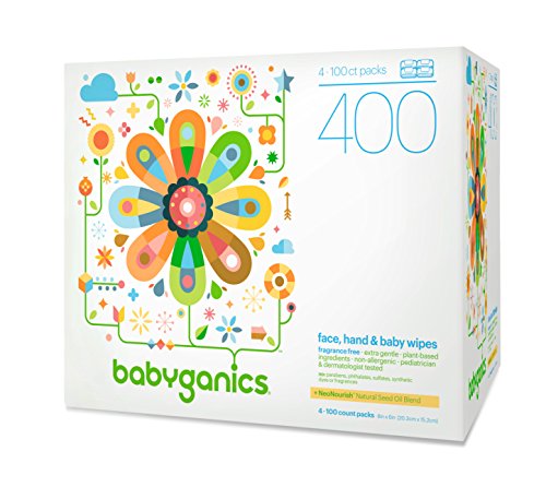 Babyganics cara, manos y Toallitas Humedas para bebe, libre de fragancia, cuenta 400 (contiene cuatro paquetes de 100-cuenta)