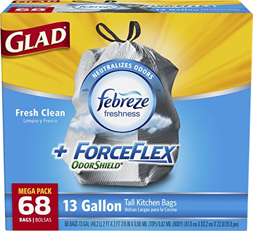 Bolsas de basura de lazo de alta cocina alegre ForceFlex OdorShield, fresco limpio, 13 galones, cuenta 68