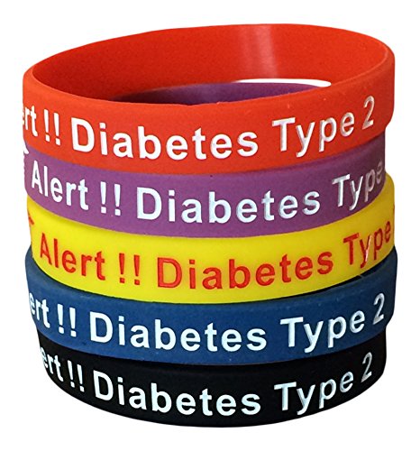 El tipo 2 Diabetes pulseras silicona pulseras de alerta médica (paquete de 5) azul, amarillo, rojo, negro, púrpura más bono Wellness artículo incluido
