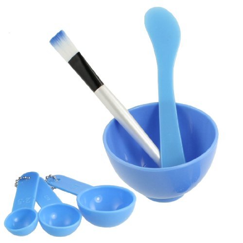Rosallini paquete 4 en 1 Máscara Facial de bricolaje vaso cepillo cuchara herramientas Set azul
