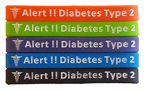 Tipo 2 Diabetes pulseras de silicona médica alerta pulseras (paquete de 5) azul, amarillo, rojo, negro, rosa