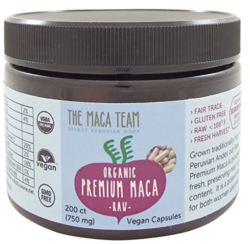 Certificado Premium orgánica cápsulas de Maca - cosecha cruda, fresca desde Perú, comercio justo, libre de Gmo, libre de Gluten y vegano - 750 Mg, Ct 200