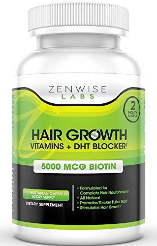 Suplemento vitaminas para crecimiento de pelo - 5000mcg de bloqueador de DHT y biotina para la pérdida del cabello y la calvicie - contiene vitaminas que estimulan el crecimiento y brillo de cabello para hombres y mujeres - de la fuente 120 pastillas para