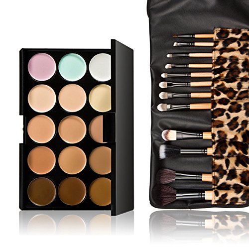Vktech® 15 colores contorno de la cara crema maquillaje corrector paleta 12pcs cepillo de leopardo