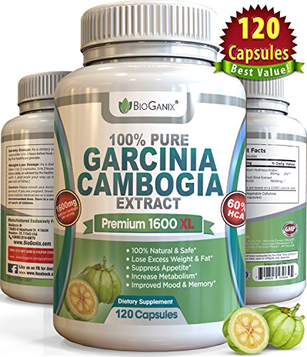 #1 mejor 100% puro Garcinia Cambogia extracto Premium XL de 1600mg (120 cápsulas) Ultra seguro All Natural 60% HCA fórmula, suplemento de dieta de pérdida de peso Max - NO añadir calcio o aditivos (eGuide Plus BONUS)