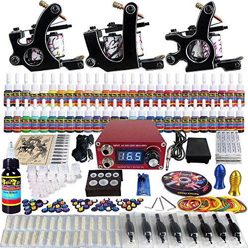 Solong Tattoo® completa tatuaje Kit 3 ametralladoras Pro 54 tintas Power suministro pie Pedal agujas Grips consejos TK352