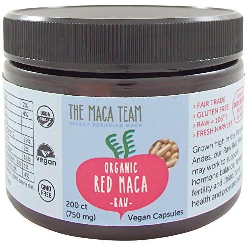 Cápsulas de Maca roja - crudos, certificación orgánica, fresca que la cosecha de Peru, comercio justo, sin OGM, libre de Gluten y vegano - 750 Mg, Ct 200