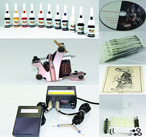 Tintas de tatuaje máquina Kit pistola Color 11 (doble negro) + agujas + Power Supply (T2)