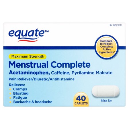 equate Maximum Strength Caplets completos menstruales, 40 conteo