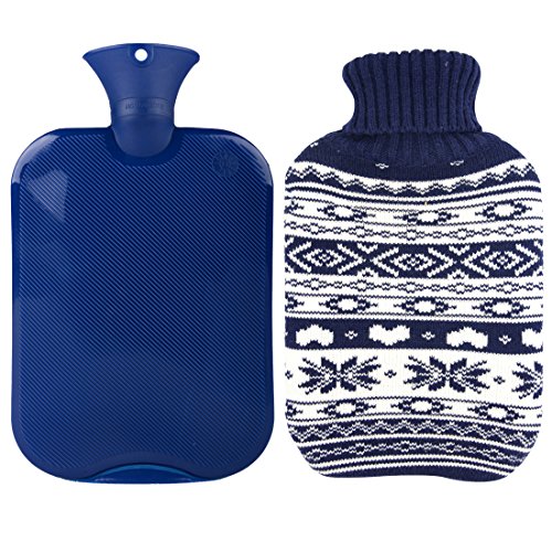 Premium clásica agua caliente transparente botella con lindo tejer cubierta (2L, Marina de guerra / copo de nieve)