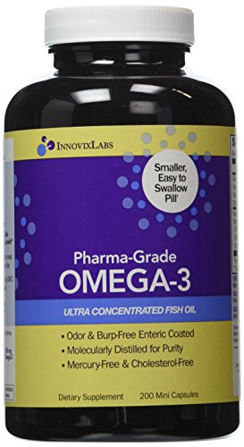 Pharma-grado OMEGA-3 (por InnovixLabs). Ultra había concentrado de aceite de pescado, Omega-3 de 500 mg por pastilla. Recubrimiento entérico, inodora y libre de eructo. Cápsulas mini 200.
