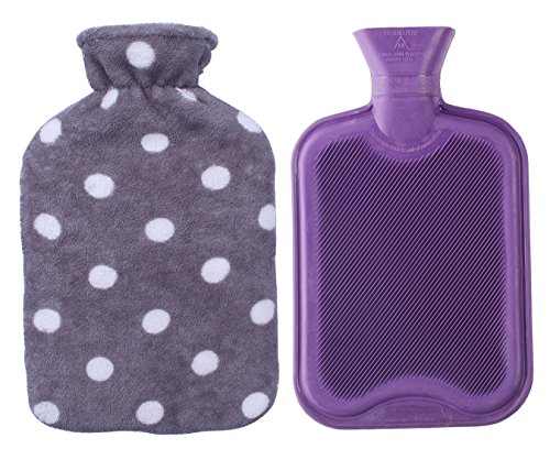 Premium clásica goma botella de agua caliente con funda de polar suave (2 litros, púrpura / gris topos)