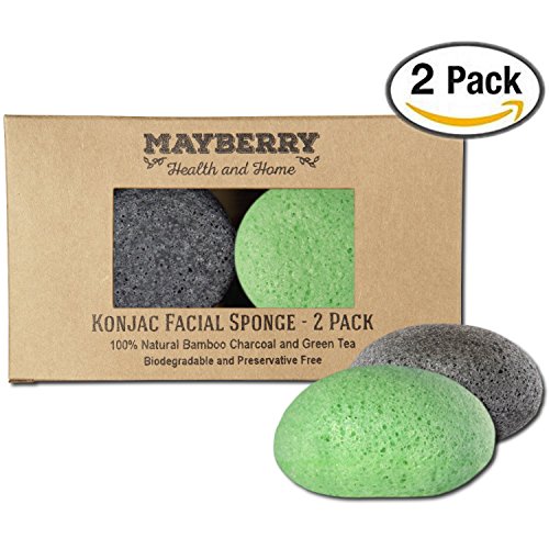 Konjac Esponja con carbón de bambú y verde Esponja Konjac de té - 2 Pack - 100% Natural para mejorar la apariencia de la piel - esponjas cada vienen con una cadena de atado