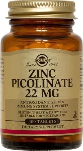 Solgar Zinc picolinato tabletas, 22 Mg, cuenta 100