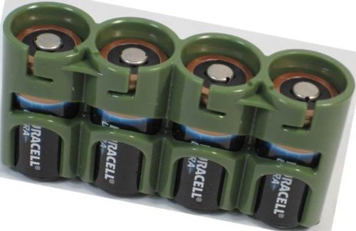 Duracell DL123A CR123A 3V litio Ultra X 4 baterías (EXP. 2024) + Storacell por Powerpax SlimLine CR123 verde militar, 123, pilas CR123A - Combo oferta!! Baterías y soporte