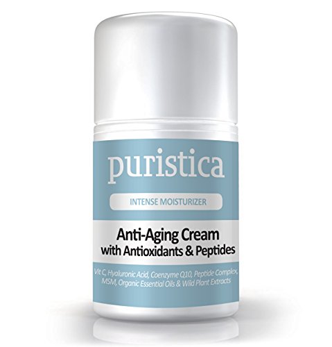 Crema anti-envejecimiento para restaurar la elasticidad de la piel, textura y aclara el tono - 98% Natural, 40% orgánico - vitamina C, B5, ácido hialurónico, ALA, AHA, CoQ10, péptidos - Puristica 1.7 Oz
