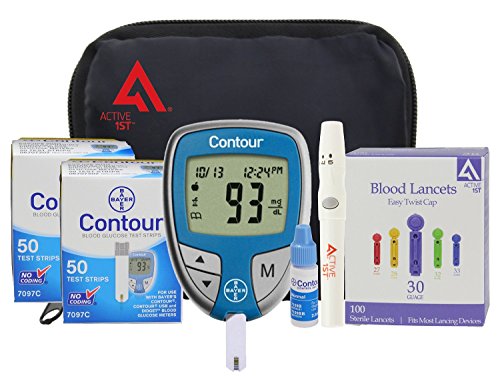 Kit de prueba de Diabetes active1st (Bayer Contour metro, 100 tiras de prueba de contorno, 100 Active1st 30g lancetas, solución de Control y dispositivo de punción)