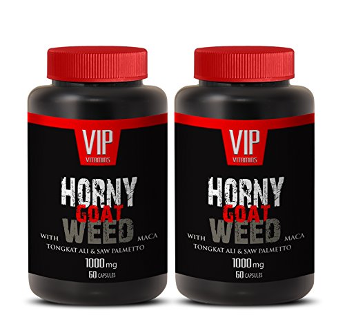 Horny Goat Weed con 1000mg de Maca y Mucuna Pruriens, Muira Puama y raíz de Panax Ginseng Tongkat Ali polvo para resistencia (2 frascos de 120 cápsulas)