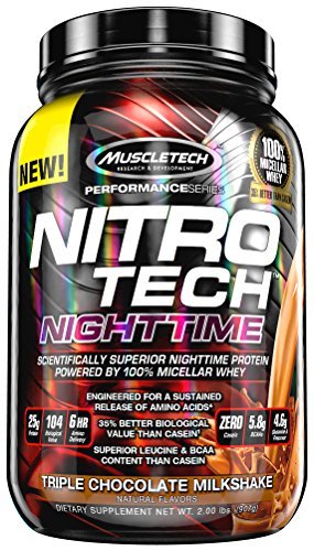 MuscleTech Nitrotech noche tiempo proteína en polvo, Triple Chocolate, 2 libras de MuscleTech