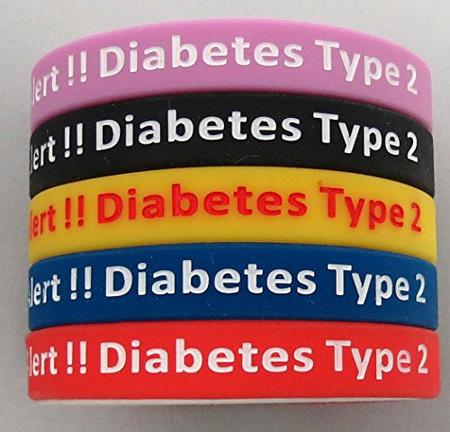 Tipo 2 Diabetes pulseras silicona médica alerta Wristbands(5 pack) azul, amarillo, rojo, negro y rosa. Tamaño adulto.