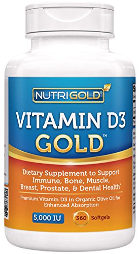 Nutrigold vitamina D3 5000 IU, perlas Mini 360 (OGM, sin conservantes, libre de soya, USP grado Natural de vitamina D en aceite de oliva orgánico)