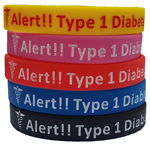 Tipo 1 Diabetes pulseras silicona pulseras de alerta médica (paquete de 5) azul, amarillo, rojo, negro, rosa