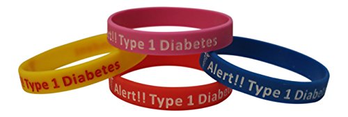 Tipo 1 diabetes tipo pulseras insulina dependiente médico alerta-Set de 4 azul, rosa, amarillo, rojo y bono Wellness artículo incluido