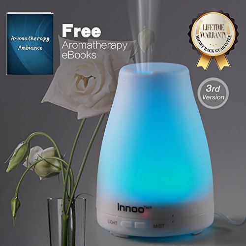 Difusor del aceite esencial, 3 eBooks versión Cool Mist Aroma humidificador aromaterapia incluido con niebla ajustable modo sin agua Auto Shut-off y 7 Color LED luces para cambiar dormitorio oficina hogar