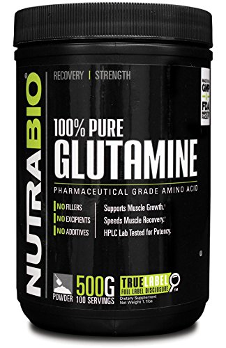 NutraBio 100% puros L-glutamina polvo - 500 gramos - HPLC probado, micronizado, sin sabor, sin aditivos o rellenos, GMP. Post entrenamiento muscular suplemento de recuperación.