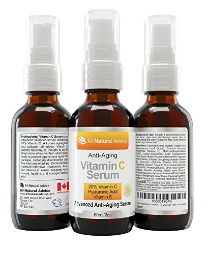 20% vitamina C suero duplicar el tamaño en 2 onzas o 60 ml MADE IN Canadá certificado orgánico con ácido hialurónico + vitamina E crema hidratante + colágeno Boost, revertir envejecimiento de la piel, quita sol manchas arrugas y ojeras, excelente para pie