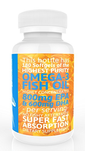 Píldoras de aceite de Omega 3 pescado (180 cápsulas) -1, 500 mg Omega-3 ácidos grasos esenciales: 800 mg EPA 600 mg de DHA por porción farmacéutica grado - fuerza máxima