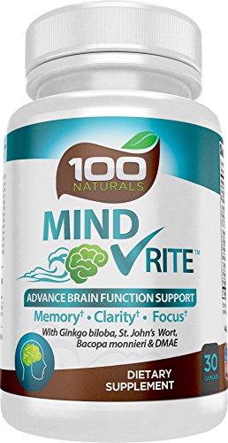 100% natural cerebro función soporte para memoria, enfoque y claridad - suplemento de funcionamiento Mental All-in-One, con Ginkgo Biloba, hierba de San Juan, DMAE, L-glutamina, Bacopa y más, por los productos 100 naturales