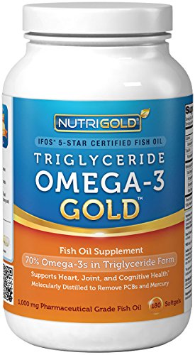 Suplemento de Omega-3 de aceite de pescado certificado 5 estrellas cápsulas - triglicéridos Omega-3 oro, 1000mg, 180 cápsulas - el patrón oro, IFOS en forma altamente absorbible de triglicéridos del aceite de pescados de omega 3 de #1