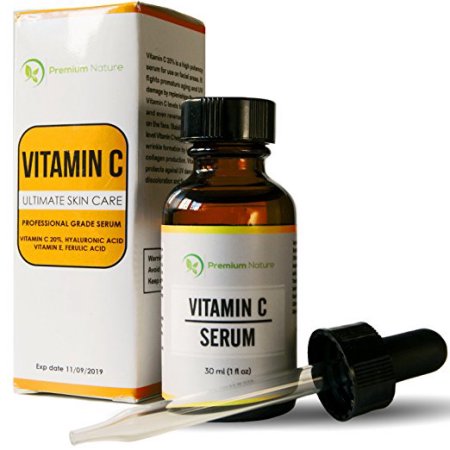 La vitamina C Serum 20% Vitamina C Suplemento Súper Fuerza con ácido hialurónico para la piel, cara y cuerpo, Antiarrugas, hidratante y reparación de la piel 1 oz Premium Nature