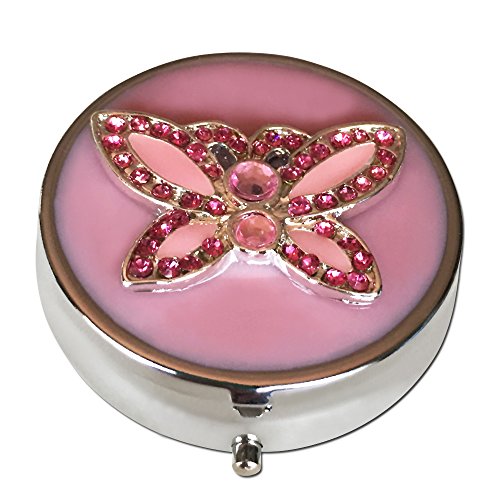 Rosa mariposa y piedras preciosas tres compartimiento redondo caja de plata de bolsillo/bolso/viaje de píldora