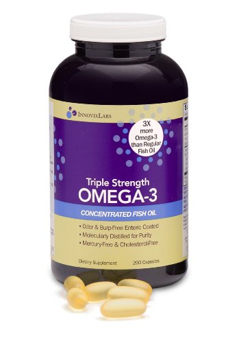 Fuerza Triple OMEGA-3 (por InnovixLabs). Aceite de pescado concentrado, 900 mg de Omega-3 por píldora. Cápsulas entéricas recubiertas, inodoro y libre de eructo, 200.