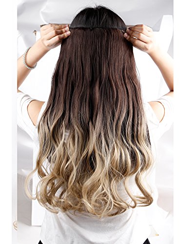 S-noilite ® Ombre Dip-dye Color Clip en pelo extensión 58cm longitud de color marrón oscuro a Rubio Ceniza rizado para las niñas de ensueño