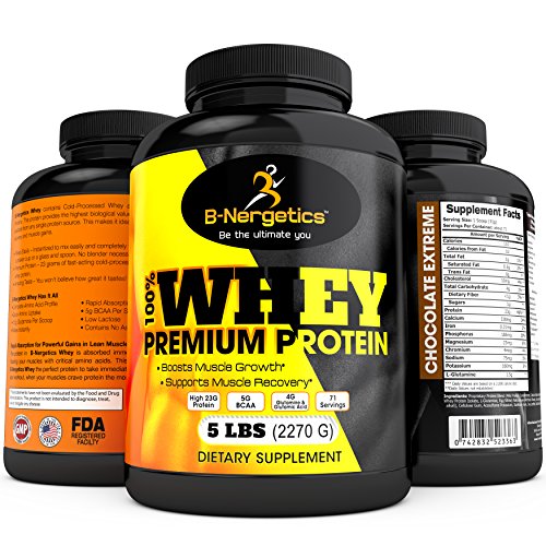 B-Nergetics 100% Whey Protein de Premium, Chocolate extremo, 5lbs, 5g 4g glutamina, Bcaa y ácido glutámico por porción, promueve la recuperación y muscular magra